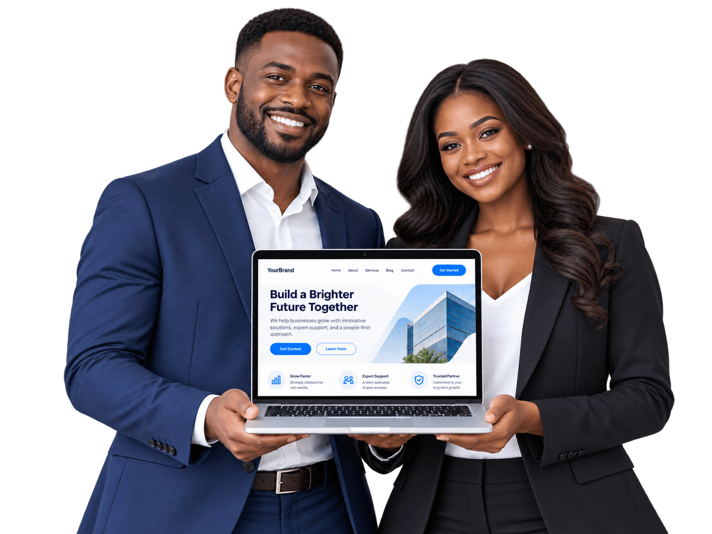 Two smiling business owners holding a laptop that shows their professional website